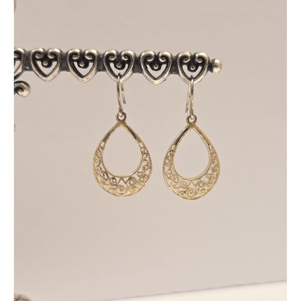 Vintage Sterling Silver Filigree Bali Style Teardrop Hook Dangle Earrings